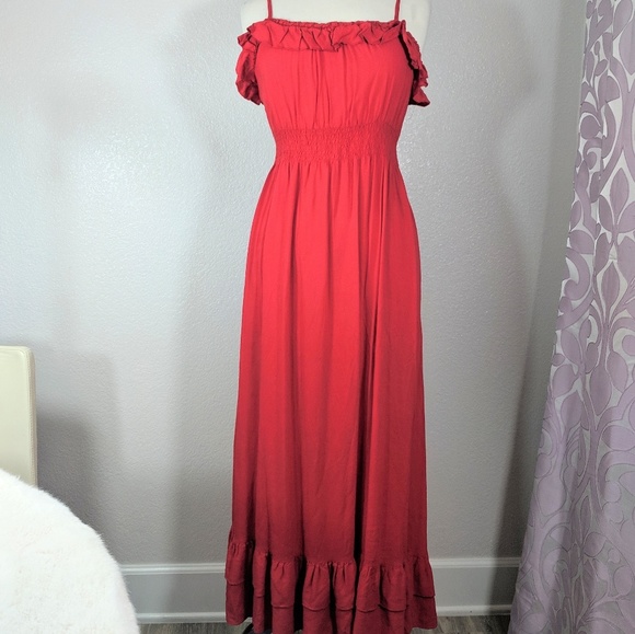 Derek Heart Dresses Red Hot Ruffled Detail Cinched Waist Maxi Dress